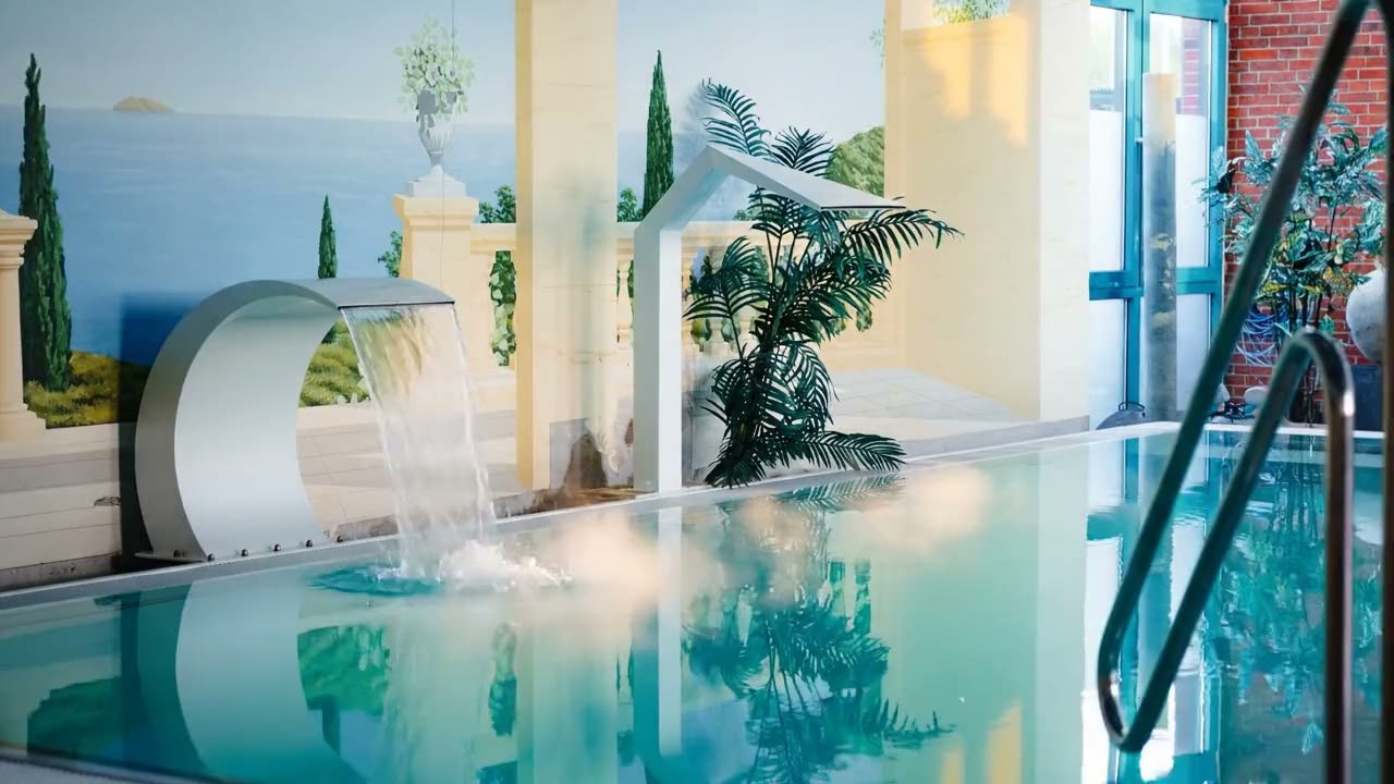 Warmes Becken mit Wasserfall, Palme und aufsteigendem Dampf vor der gemalten Mittelmeer-Terrasse
